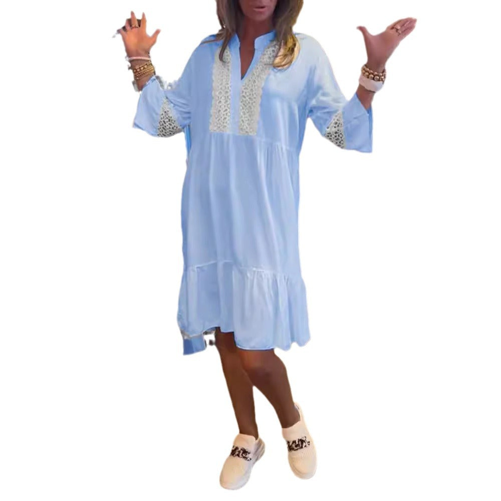 Damen nan lockeres Babydoll-Tunikakleid mit Spitzenpasse, V-Ausschnitt, Stehkragen und Stufenvolant Drune