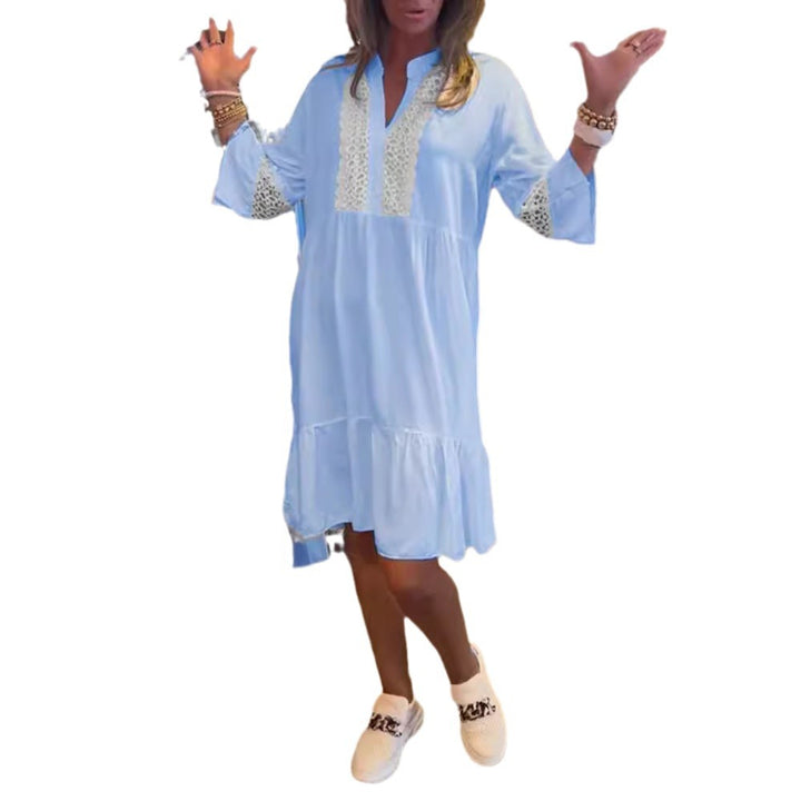 Damen nan lockeres Babydoll-Tunikakleid mit Spitzenpasse, V-Ausschnitt, Stehkragen und Stufenvolant Drune