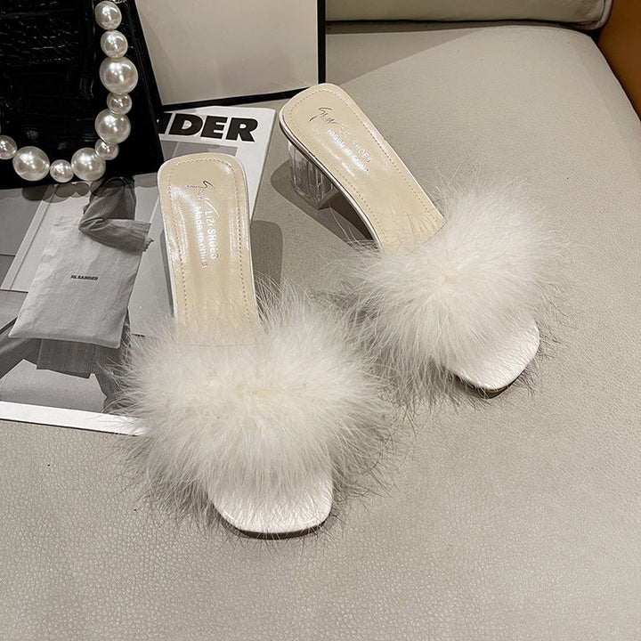Damen Elegante Hausschuhe mit plüschigem Futter und transparentem Absatz Drune