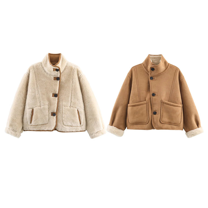 Damen nan kurze Lammfelloptik Jacke mit Stehkragen, weichem Teddyfutter und großzügigen aufgesetzten Taschen Drune