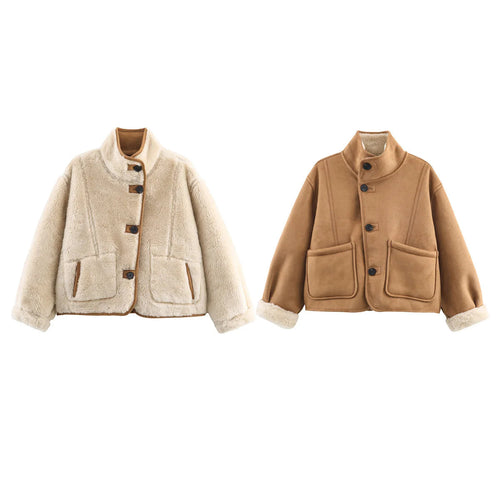 Damen nan kurze Lammfelloptik Jacke mit Stehkragen, weichem Teddyfutter und großzügigen aufgesetzten Taschen Drune