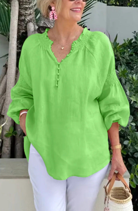 Damen lässige Kleidungsbluse mit Ballonärmeln und Knopfleiste Drune