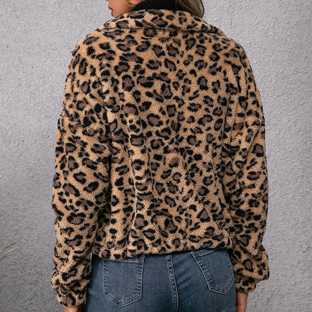 Damen Fleecejacke mit Leoparddruck und seitlichen Taschen Drune
