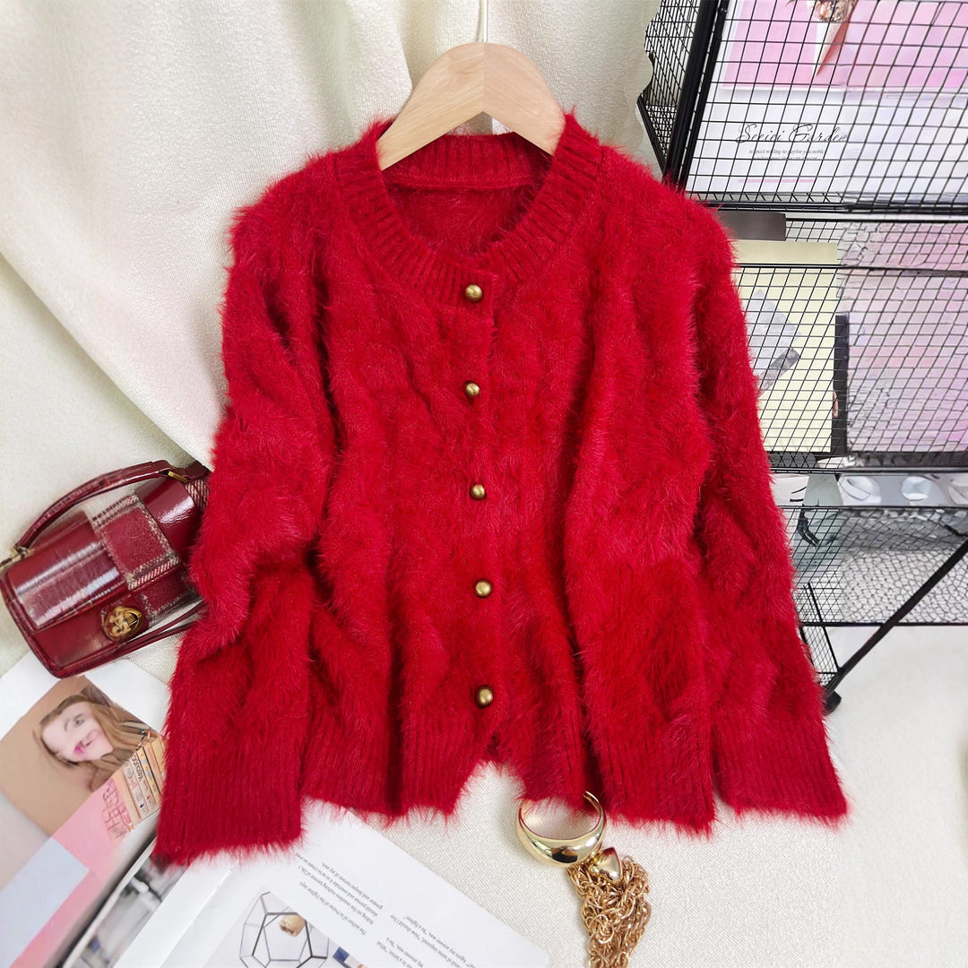 Damen kuschelige Strickjacke mit goldenen Knöpfen und weicher Viskosemischung Drune