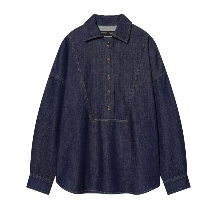 Damen Oversize-Denim-Tunika mit halber Knopfleiste und markanten Nahtdetails Drune