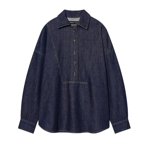 Damen Oversize-Denim-Tunika mit halber Knopfleiste und markanten Nahtdetails Drune