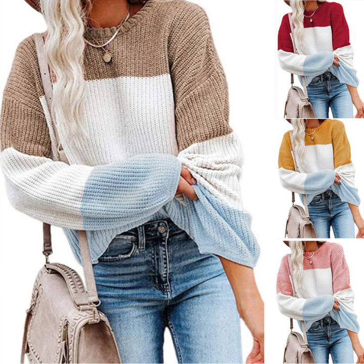 Damen Oversize Colorblock Strickpullover mit Ballonärmeln Drune