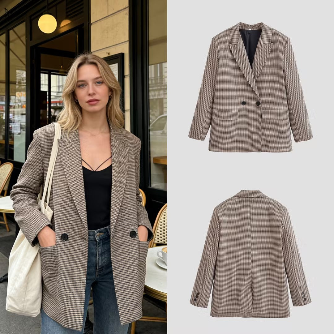 Damen Doppelreihiger Oversize-Blazer mit Hahnentritt-Check und Pattentaschen Drune