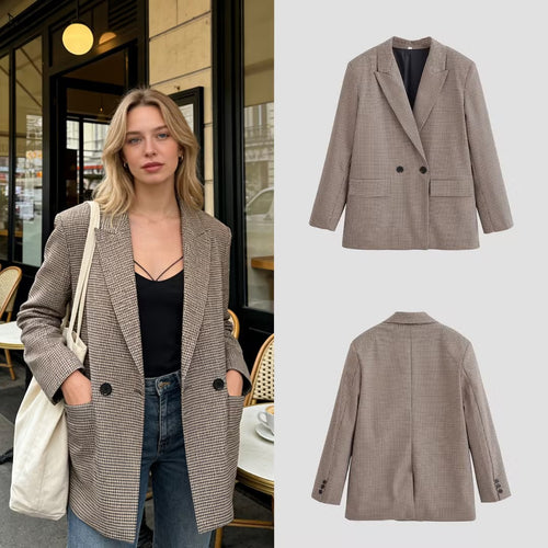 Damen Zweireihiger Oversize-Blazer mit Hahnentritt‑Muster und Pattentaschen Drune