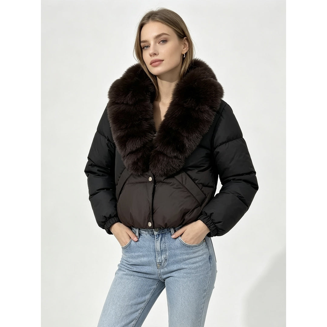 Damen nan kurze wattierte Cropped-Jacke mit extra voluminösem Kunstpelz-Schalkragen und elastischen Bündchen Drune