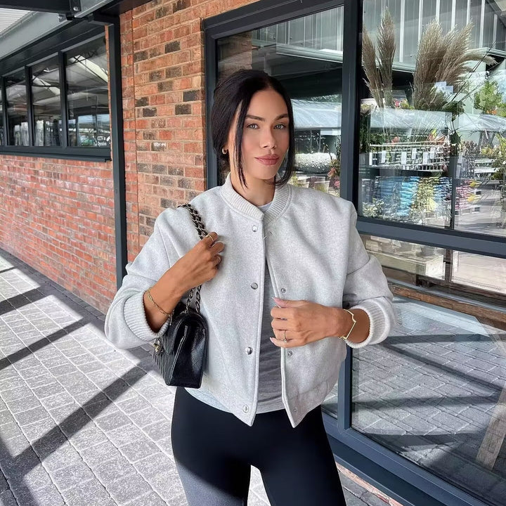 Damen nan gefütterte Bomberjacke aus Wollmix mit Druckknopfleiste, Rippkragen und seitlichen Eingrifftaschen Drune