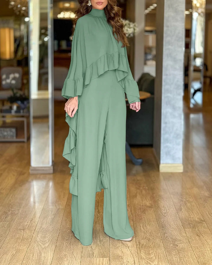 Damen Eleganter Overall mit Cape-Volant und weitem Palazzohosenbein Drune
