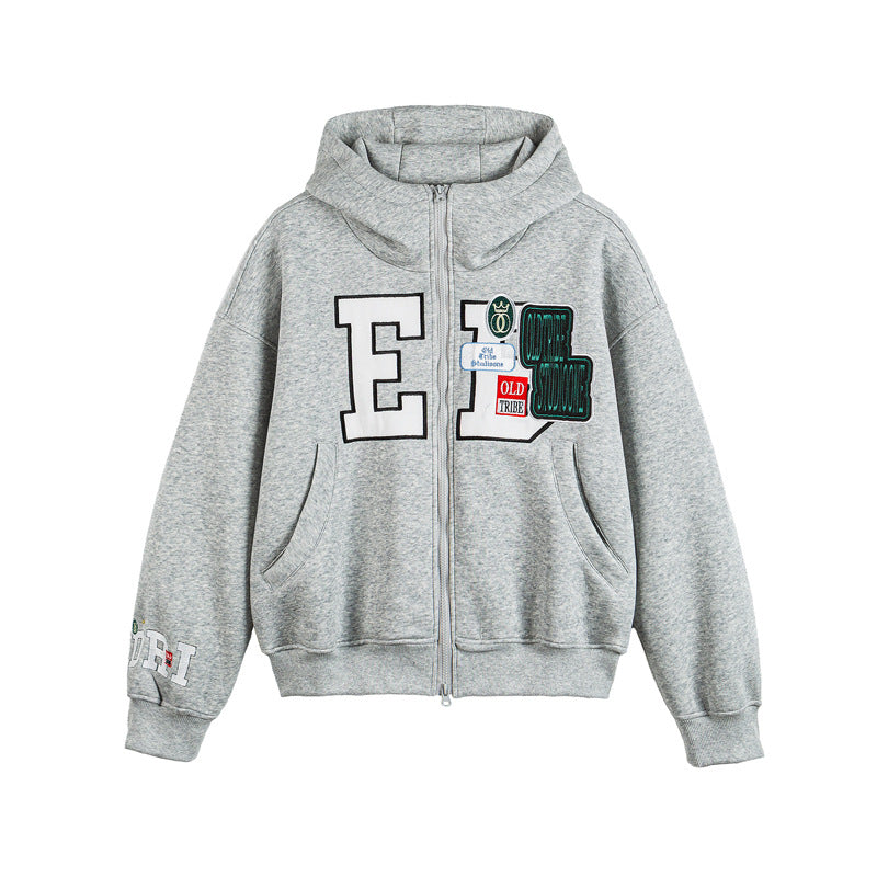 Unisex Oversize Kapuzenzipjacke mit Collegiate‑Patches Drune