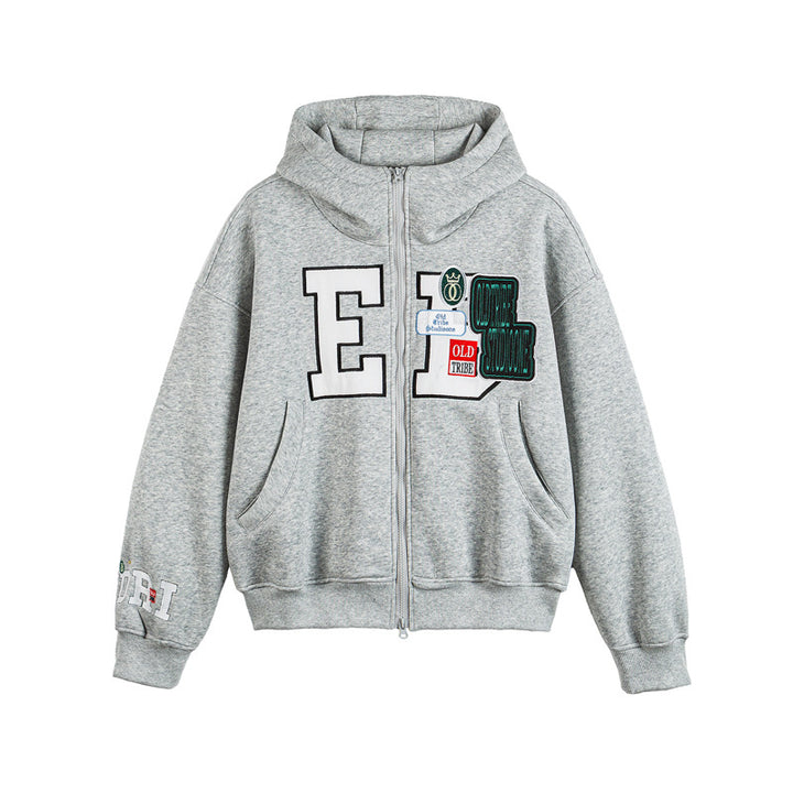 Unisex Oversize Kapuzenzipjacke mit Collegiate‑Patches Drune