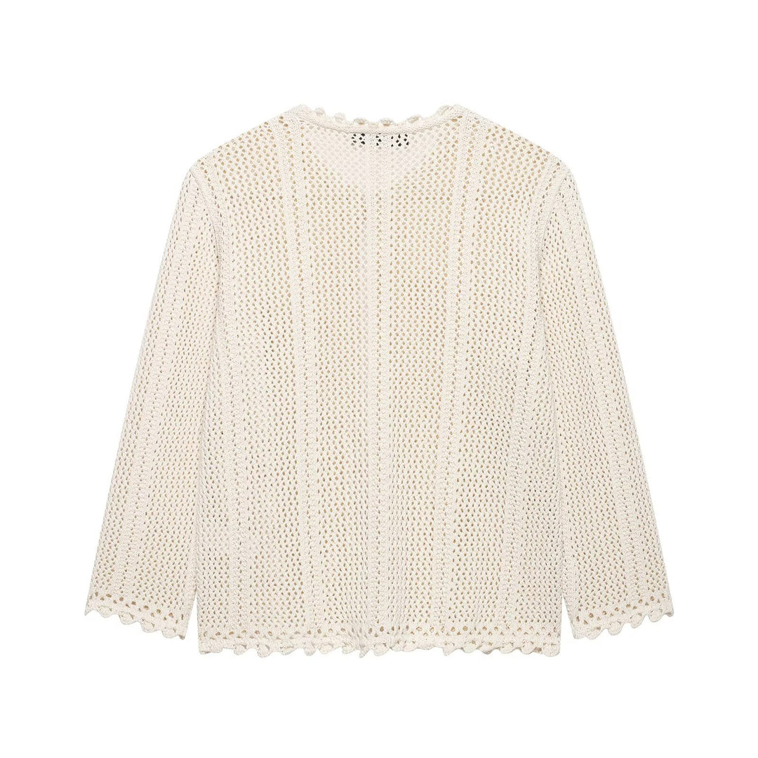 Damen Lockerer Häkelstrick-Cardigan mit feinem Lochmuster und Scallop-Saum Drune