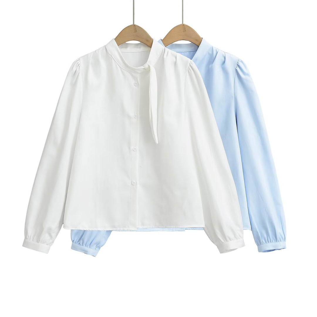 Damen Bluse mit Bindegurt und eleganten Puffärmeln Drune