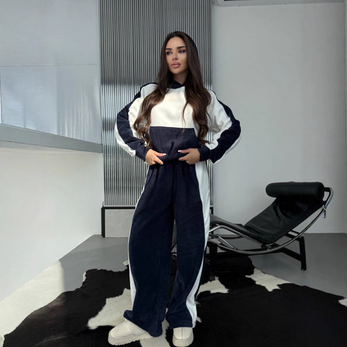 Damen kuscheliger Fleece-Sportanzug mit hohem Hals und seitlichen Streifen Drune