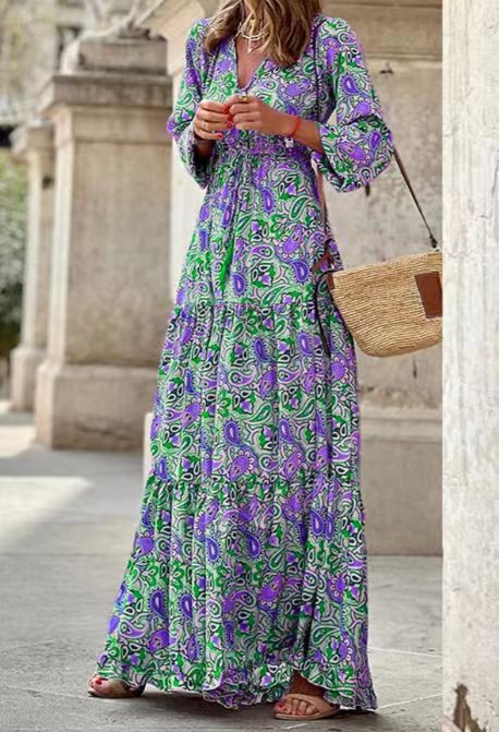 Damen Maxikleid mit floralen Mustern und modischem Taillengürtel Drune