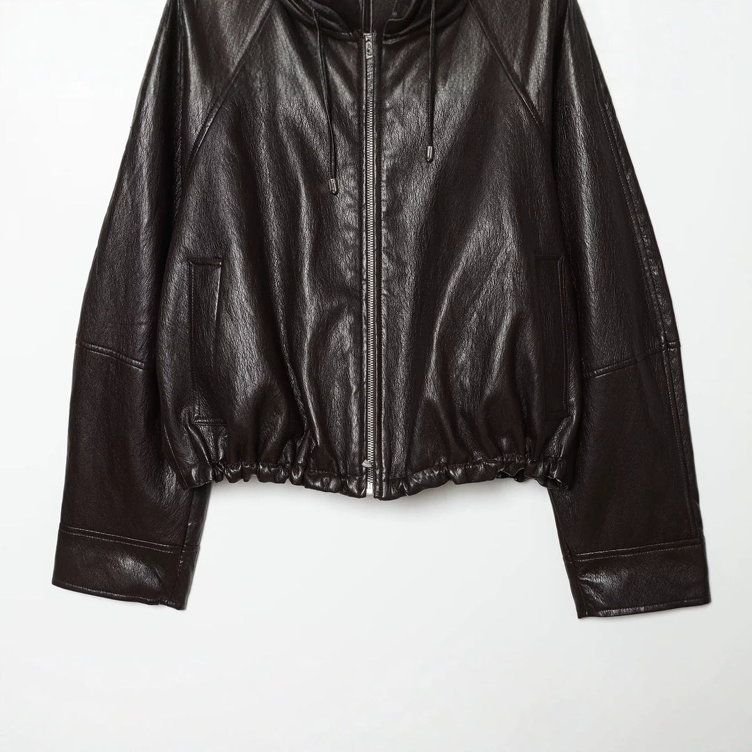 Damen Kapuzen-Leder-Bomberjacke mit Reißverschluss, Kordelzug und elastischem Saum Drune