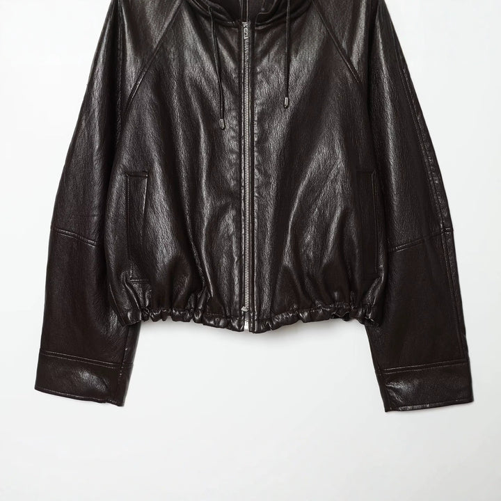 Damen Kapuzen-Leder-Bomberjacke mit Reißverschluss, Kordelzug und elastischem Saum Drune