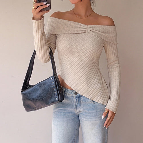 Damen Figurbetontes Off-Shoulder Rippstrick-Top mit Knotenfront und asymmetrischem Saum Drune