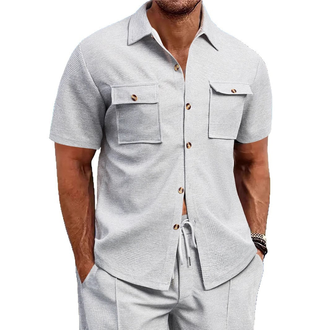 Herren nan strukturiertes Waffel-Lounge-Set mit Hemdjacke, Brustklappen und Kordelhose Drune