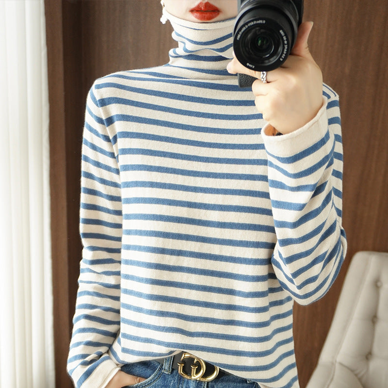 Damen Maritimer Feinstrick-Turtleneck mit feinem Streifenmuster und schlanker Passform Drune