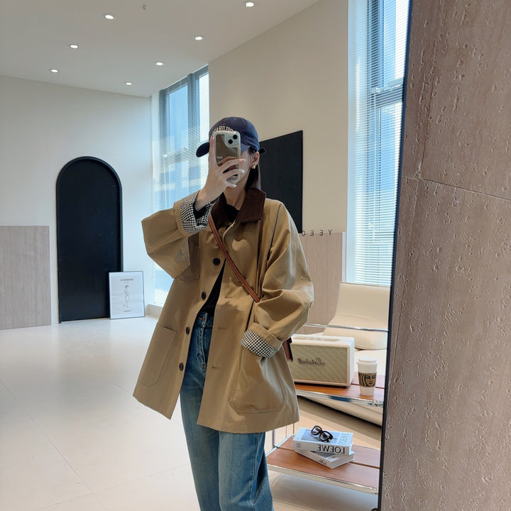 Damen Modische Oversized-Jacke mit kontrastierendem Kragen Drune