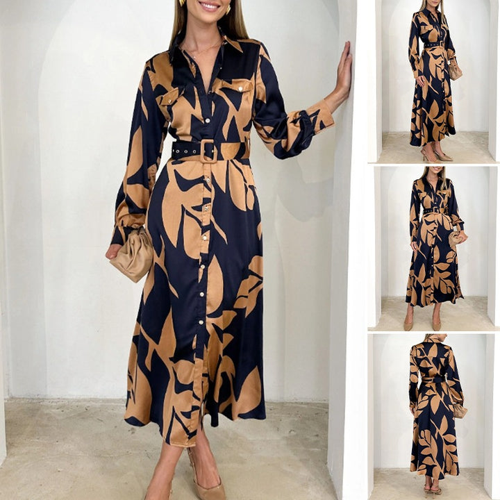 Damen nan fließendes Hemdblusenkleid mit Taillengürtel, Brustklappen und abstraktem Print Drune