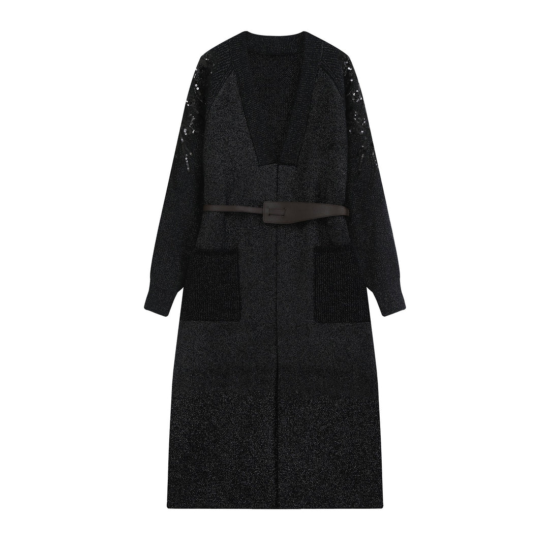 Damen Lange Strickjacke mit Gürtel, tiefem V‑Ausschnitt und bestickten Paillettenärmeln Drune