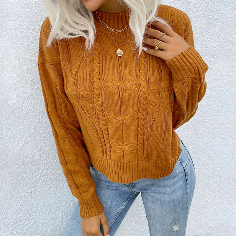 Damen Kurzgeschnittener Zopfmuster-Strickpullover mit Stehkragen Drune