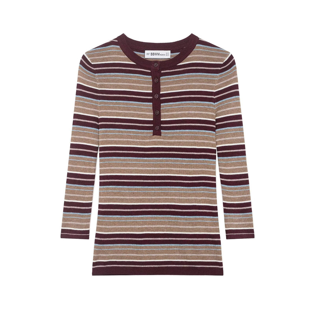 Damen Gestreiftes Feinstrick-Henleyshirt mit Knopfleiste und schlanker Passform Drune