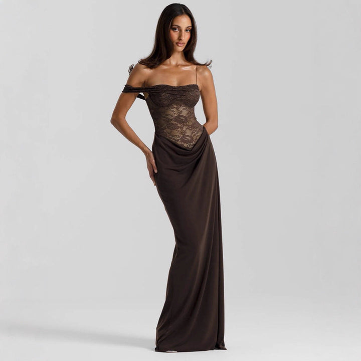 Damen Elegantes Cocktailkleid mit Spitzenoberteil und fließendem Rock Drune