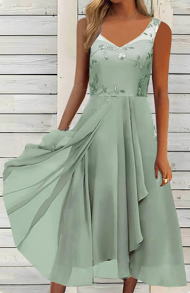 Damen nan A-Linien-Chiffonkleid mit floralem Stickoberteil, V-Ausschnitt, drapiertem Godet-Schwung und verdeckten Seitentaschen Drune