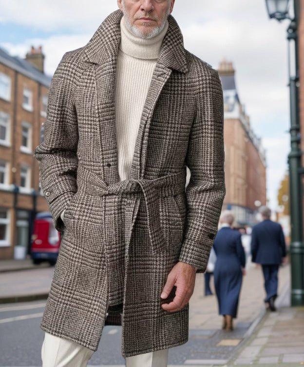 Herren eleganter Trenchcoat mit modernem Karomuster und Taillengürtel Drune