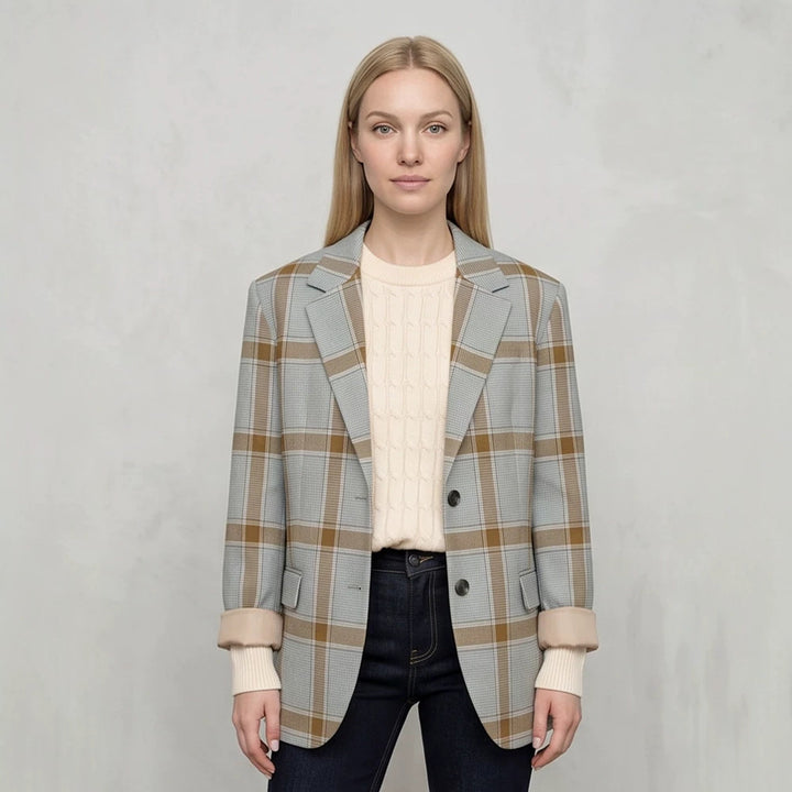 Damen Oversize-Karoblazer im Glencheck mit kastiger Silhouette und fallendem Revers Drune