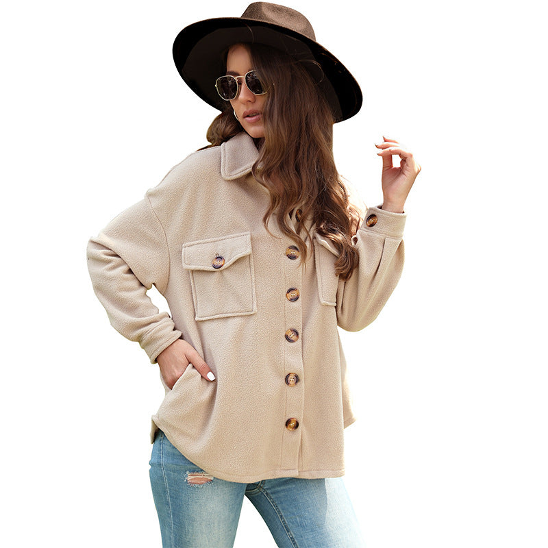 Damen Oversize-Fleece-Hemdjacke mit aufgesetzten Brusttaschen und durchgehender Knopfleiste Drune