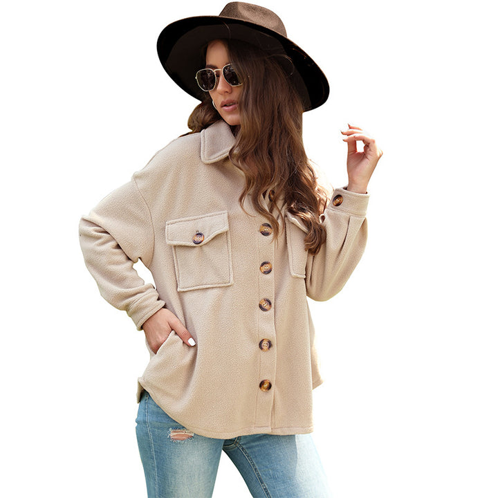 Damen Oversize-Fleece-Hemdjacke mit aufgesetzten Brusttaschen und durchgehender Knopfleiste Drune