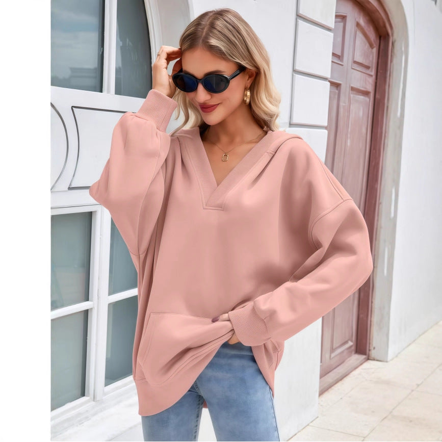 Damen Oversize V-Ausschnitt Hoodie mit Kapuze, Kängurutasche und verlängertem Saum Drune