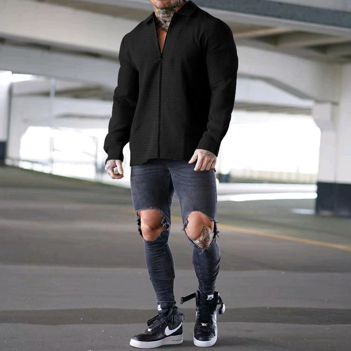 Herren nan strukturierte Zip-Hemdjacke aus Waffelstrick mit Kentkragen und schmaler Silhouette Drune