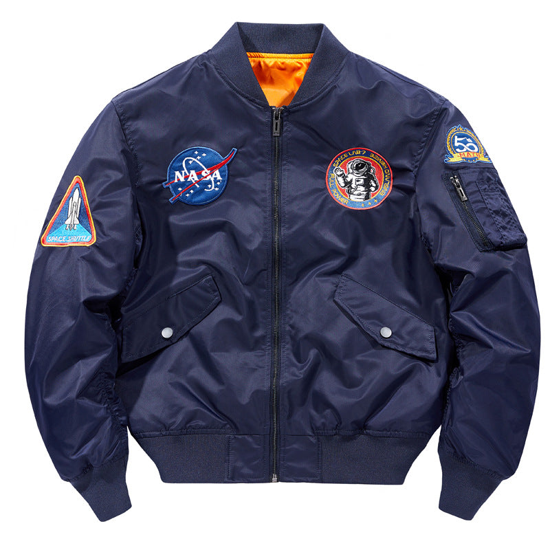 Men's  nylon flight-style bomber with embroidered space patches and contrast orange lining Drune