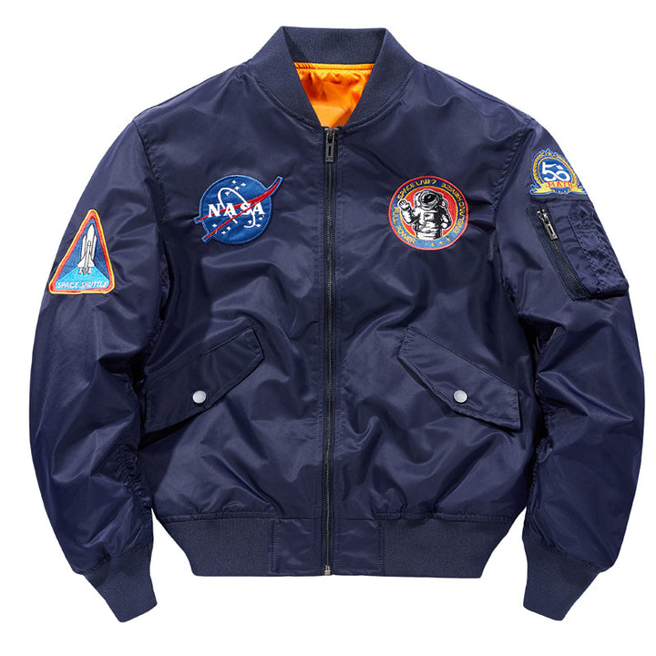Men's  nylon flight-style bomber with embroidered space patches and contrast orange lining Drune