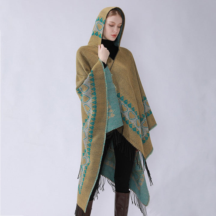 Damen Kapuzen-Capeponcho aus Wollmix mit Herz-Jacquard und Fransensaum Drune