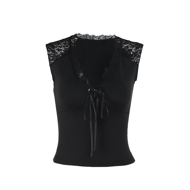 Damen Top mit Spitzenbesatz und raffiniertem Bindedetail Drune