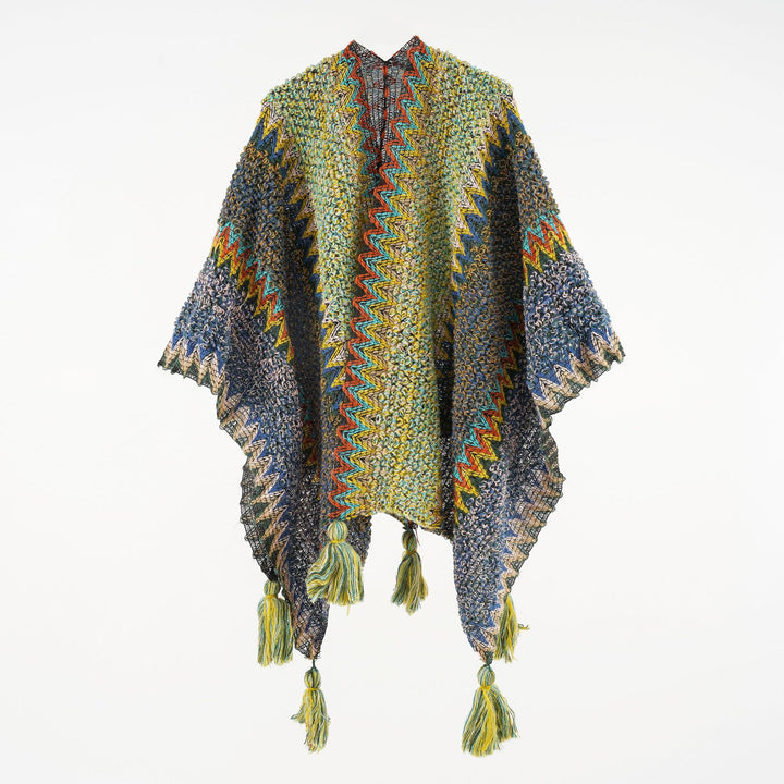 Damen strukturierter Bouclé-Strickponcho mit Jacquardmuster und Quasten Drune