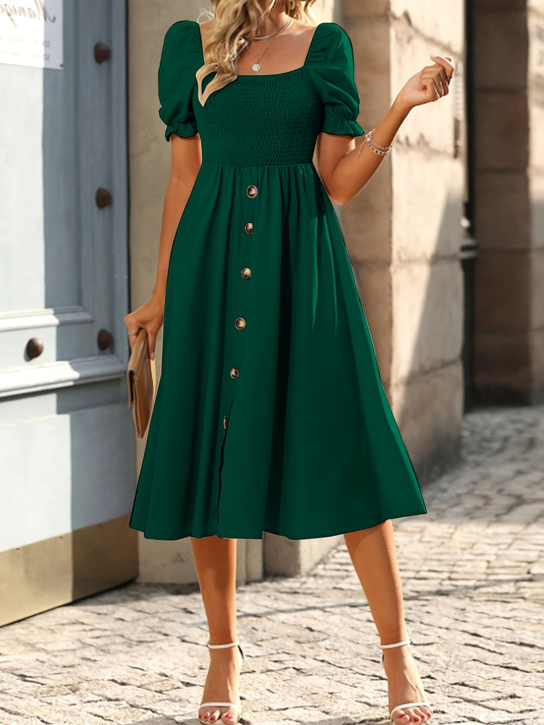 Damen Midi-Kleid mit Puffärmeln und Knopfleiste Drune