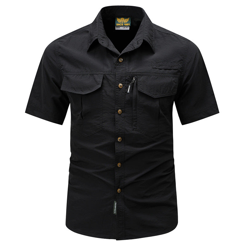 Men's  tactical short sleeve button shirt with dual flap chest pockets and discreet zip utility pocket Drune