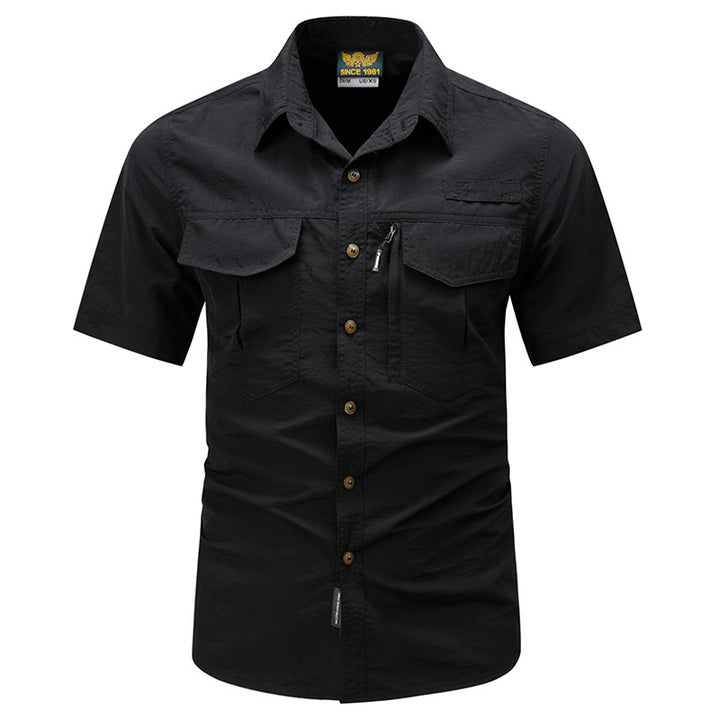 Men's  tactical short sleeve button shirt with dual flap chest pockets and discreet zip utility pocket Drune