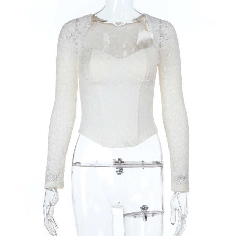 Damen elegante Spitzenbluse mit langem Arm und tailliertem Schnitt Drune