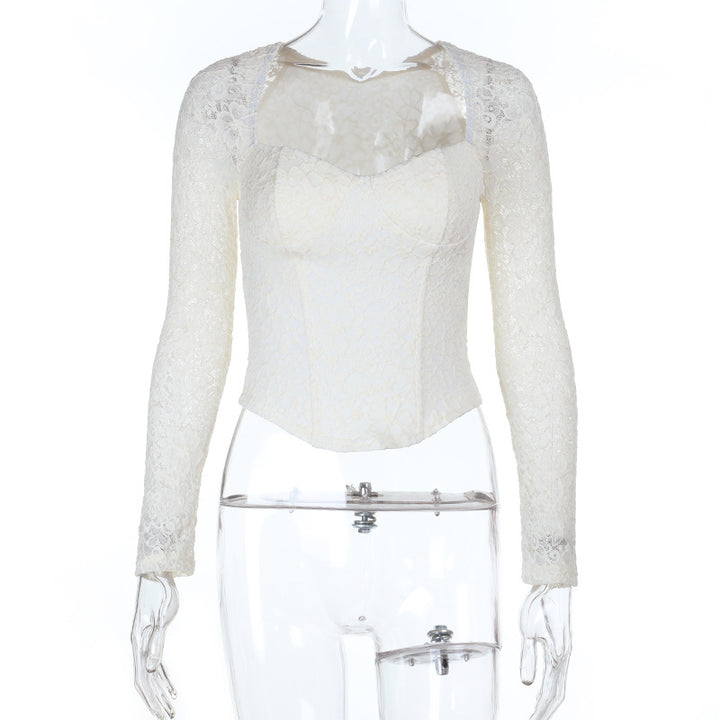 Damen elegante Spitzenbluse mit langem Arm und tailliertem Schnitt Drune